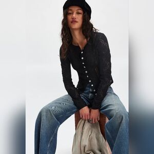 NWT Jae Sheer Lace Knit Long Sleeve Top, Black, Size Large